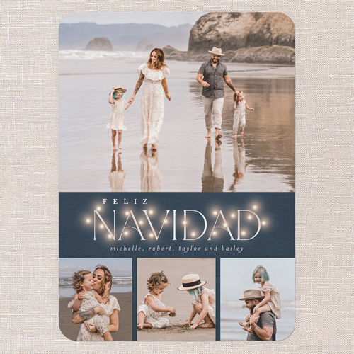 Rustic Bulbs Holiday Card, Blue, 5x7 Flat, Feliz Navidad, Pearl Shimmer Cardstock, Rounded, Navy