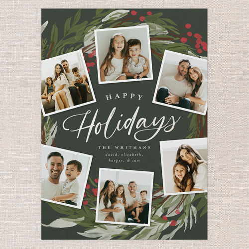Wreath Photos Holiday Card, Green, 5x7 Flat, Holiday, Pearl Shimmer Cardstock, Square, Pine