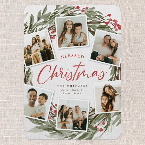 Wreath Photos Holiday Card, Grey, 5x7 Flat, Religious, Standard Smooth Cardstock, Rounded, Whisper Gray
