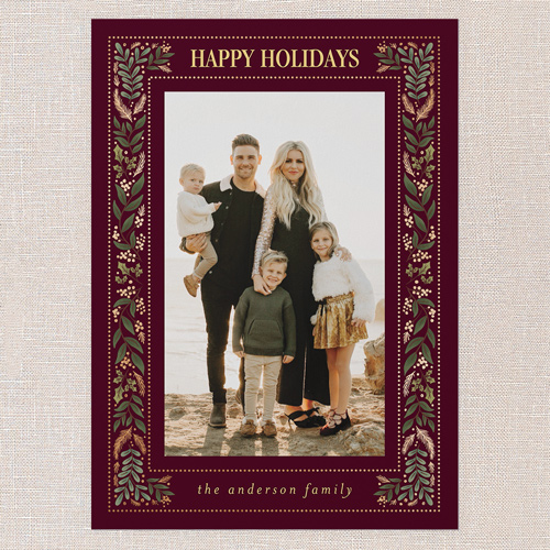 Festive Foilage Holiday Card, Red, 5x7 Flat, Holiday, 100% Recycled Cardstock , Square, Velvet