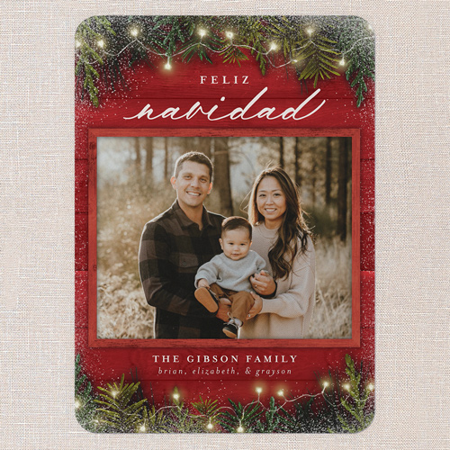 Earnest Evergreen Holiday Card, Red, none, 5x7 Flat, Feliz Navidad, Pearl Shimmer Cardstock, Rounded, Radish