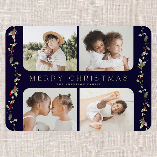 Draped Holly Holiday Card, none, Black, 5x7 Flat, Christmas, Pearl Shimmer Cardstock, Rounded, Black