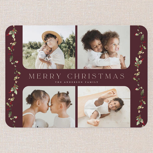 Draped Holly Holiday Card, Red, none, 5x7 Flat, Christmas, Pearl Shimmer Cardstock, Rounded, Rich Burgundy