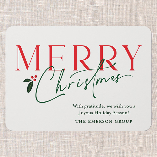 Holly Script Holiday Card, White, 5x7 Flat, Christmas, Matte, Signature Smooth Cardstock, Rounded, White