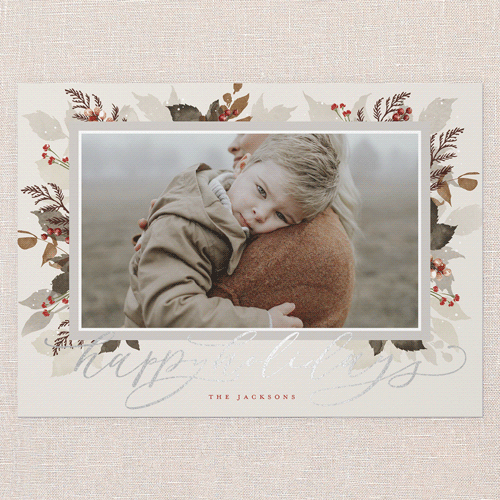 Botanical Wishes Holiday Card, Beige, Silver Foil, 5x7 Flat, Holiday, Pearl Shimmer Cardstock, Square, Adobe Blush