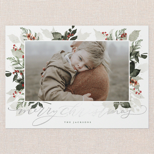 Botanical Wishes Holiday Card, White, Silver Foil, 5x7 Flat, Christmas, Luxe Double-Thick Cardstock, Square, White