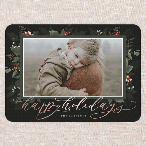 Botanical Wishes Holiday Card, Green, Rose Gold Foil, 5x7 Flat, Holiday, Pearl Shimmer Cardstock, Rounded, Pine Grove