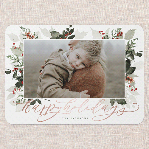 Botanical Wishes Holiday Card, White, Rose Gold Foil, 5x7 Flat, Holiday, Pearl Shimmer Cardstock, Rounded, White