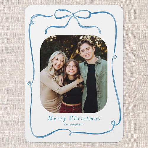 Ribbon Whimsy Holiday Card, Blue, 5x7 Flat, Christmas, Pearl Shimmer Cardstock, Rounded, Cobalt