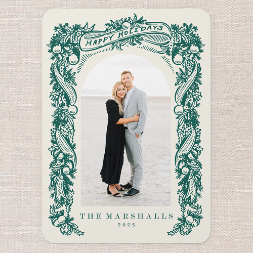 Ornate Pine Frame Holiday Card, Green, 5x7 Flat, Holiday, 100% Recycled Cardstock , Rounded, Tropical