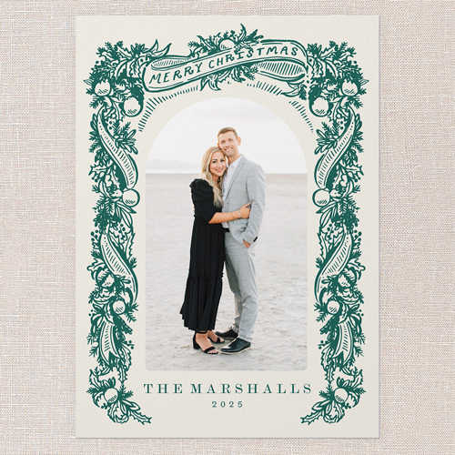 Ornate Pine Frame Holiday Card, Green, 5x7 Flat, Christmas, Pearl Shimmer Cardstock, Square, Tropical