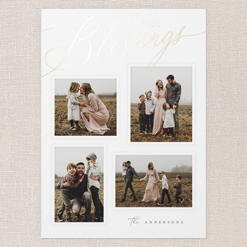 Golden Script Blessings Holiday Card, Gold Foil, White, 5x7 Flat, Religious, Pearl Shimmer Cardstock, Square, White