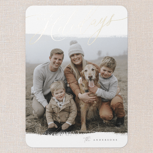 Golden Script Overlay Holiday Card, White, Gold Foil, 5x7 Flat, Holiday, Pearl Shimmer Cardstock, Rounded, White