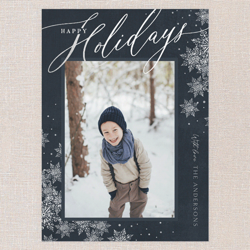 Winter Script Holiday Card, Silver Foil, Blue, 5x7 Flat, Holiday, Pearl Shimmer Cardstock, Square, Indigo