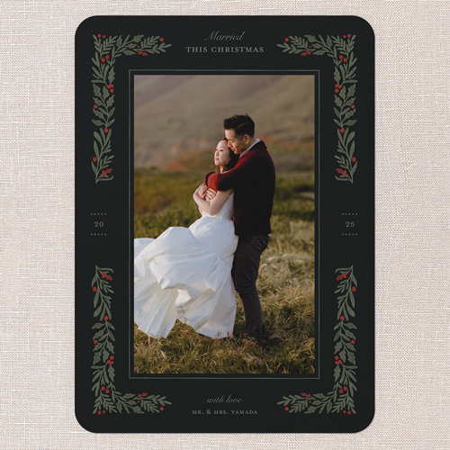 Holly Union Holiday Card, Black, 5x7 Flat, Christmas, Pearl Shimmer Cardstock, Rounded, Rich Black