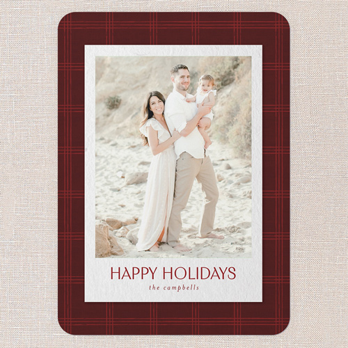 Cozy Plaid Frame Holiday Card, Red, 5x7 Flat, Holiday, Pearl Shimmer Cardstock, Rounded, Apple