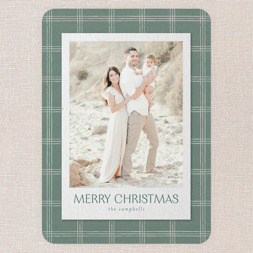 Cozy Plaid Frame Holiday Card, Green, 5x7 Flat, Christmas, Pearl Shimmer Cardstock, Rounded, Tree