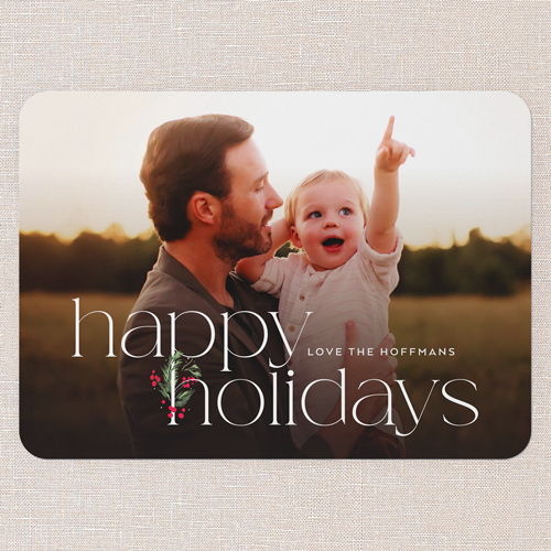 Holly Accent Holiday Card, White, 5x7 Flat, Holiday, Pearl Shimmer Cardstock, Rounded, White