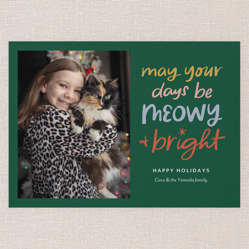 Meowy Moments Holiday Card, Green, 5x7 Flat, Christmas, 100% Recycled Cardstock , Square, Spruce Green