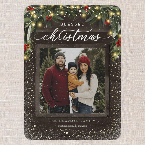 Rustic Garland Holiday Card, Gold Foil, Brown, 5x7 Flat, Religious, Pearl Shimmer Cardstock, Rounded, Clove