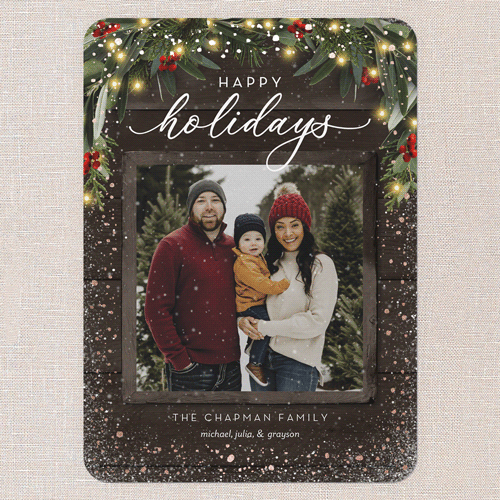 Rustic Garland Holiday Card, Brown, Rose Gold Foil, 5x7 Flat, Holiday, Pearl Shimmer Cardstock, Rounded, Clove