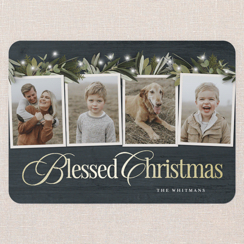 Golden Script Holiday Card, Blue, Gold Foil, 5x7 Flat, Religious, Pearl Shimmer Cardstock, Rounded, Blue