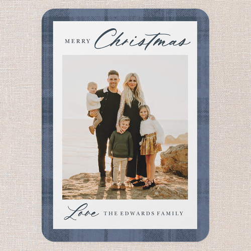 Plaid Border Elegance Holiday Card, Blue, 5x7 Flat, Christmas, Pearl Shimmer Cardstock, Rounded, Cobalt