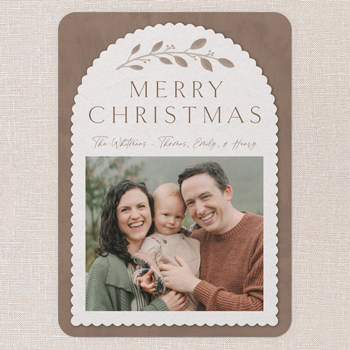 Scalloped Branches Holiday Card, Brown, 5x7 Flat, Christmas, Pearl Shimmer Cardstock, Rounded, Clove