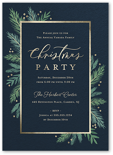 Wintertime Greens Holiday Invitation, Black, 5x7 Flat, Standard Smooth Cardstock, Square