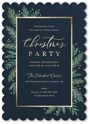 Wintertime Greens Holiday Invitation, Black, 5x7 Flat, Matte, Signature Smooth Cardstock, Scallop