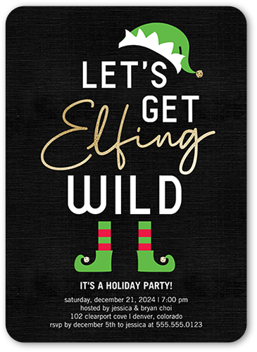 Elfing Wild Holiday Invitation, Black, 5x7 Flat, Standard Smooth Cardstock, Rounded