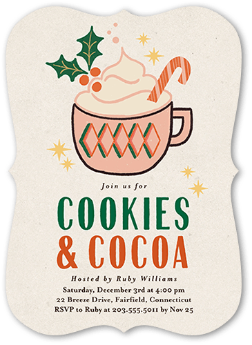 Cookies And Cocoa Holiday Invitation, White, 5x7 Flat, Pearl Shimmer Cardstock, Bracket