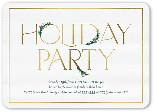 Art Deco Evergreen Holiday Invitation, White, 5x7 Flat, Holiday, Pearl Shimmer Cardstock, Rounded