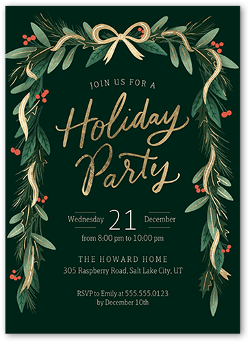 Foliage Streamers Holiday Invitation, Green, 5x7 Flat, Holiday, Standard Smooth Cardstock, Square