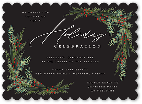 Wintergreen Frame Holiday Invitation, Black, 5x7 Flat, Holiday, Matte, Signature Smooth Cardstock, Scallop