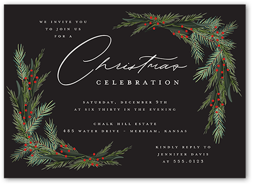 Wintergreen Frame Holiday Invitation, Black, 5x7, Christmas, Standard Smooth Cardstock, Square