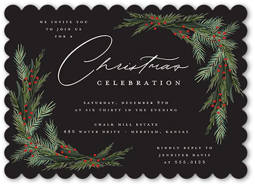 Wintergreen Frame Holiday Invitation, Black, 5x7 Flat, Christmas, Pearl Shimmer Cardstock, Scallop