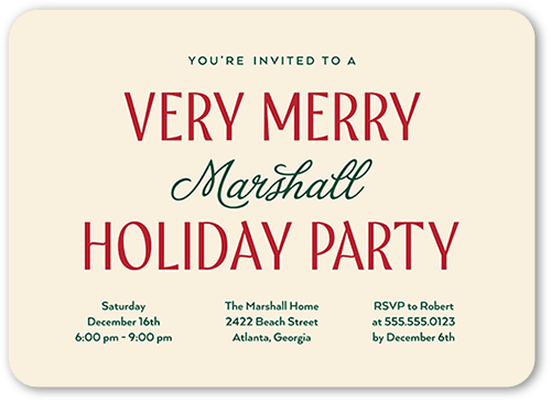 Very Merry Time Holiday Invitation, Beige, 5x7 Flat, Holiday, Pearl Shimmer Cardstock, Rounded