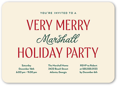 Very Merry Time Holiday Invitation, Beige, 5x7 Flat, Holiday, 100% Recycled Cardstock , Rounded
