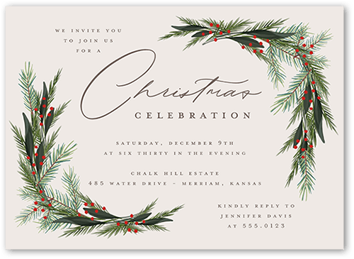 Wintergreen Frame Holiday Invitation, Beige, 5x7, Christmas, Standard Smooth Cardstock, Square