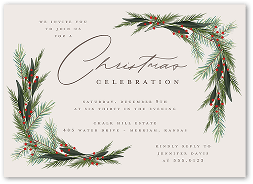 Wintergreen Frame Holiday Invitation, Beige, 5x7 Flat, Christmas, Luxe Double-Thick Cardstock, Square, Antique White