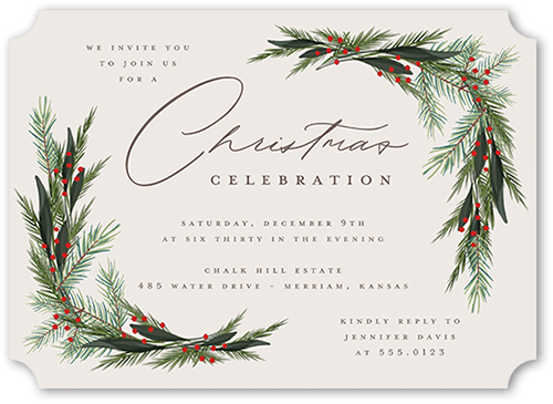 Wintergreen Frame Holiday Invitation, Beige, 5x7 Flat, Christmas, Pearl Shimmer Cardstock, Ticket