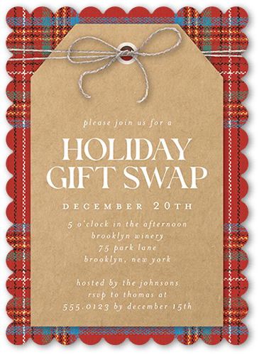 Gift Tag Fun Holiday Invitation, Red, 5x7 Flat, Holiday, Pearl Shimmer Cardstock, Scallop
