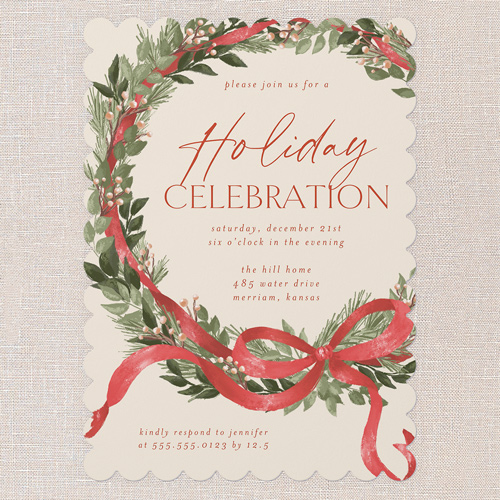 Timeless Wreath Holiday Invitation, Beige, 5x7 Flat, Write Your Own Greeting, Pearl Shimmer Cardstock, Scallop