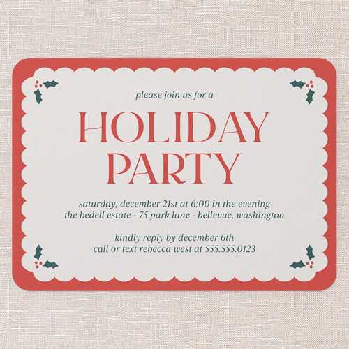 Holly Overlay Holiday Invitation, Red, 5x7 Flat, Holiday, Standard Smooth Cardstock, Rounded