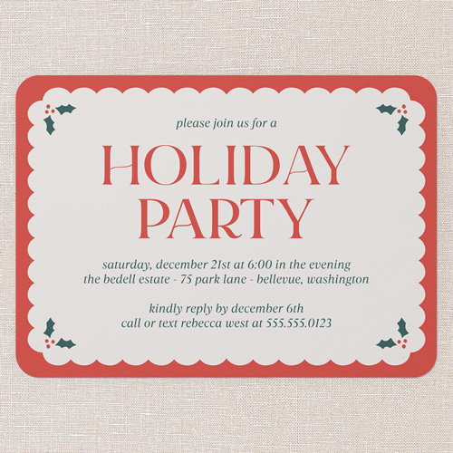 Holly Overlay Holiday Invitation, Red, 5x7 Flat, Holiday, Pearl Shimmer Cardstock, Rounded