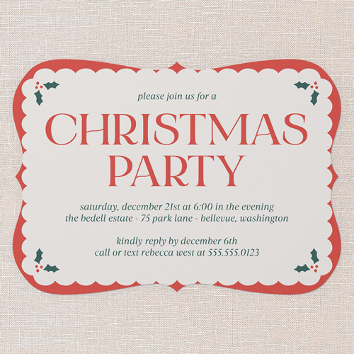 Holly Overlay Holiday Invitation, Red, 5x7 Flat, Christmas, Matte, Signature Smooth Cardstock, Bracket