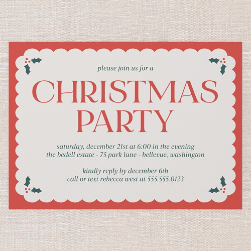 Holly Overlay Holiday Invitation, Red, 5x7 Flat, Christmas, Standard Smooth Cardstock, Square