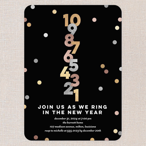 Chromatic Confetti Holiday Invitation, Black, 5x7 Flat, New Year, Pearl Shimmer Cardstock, Rounded