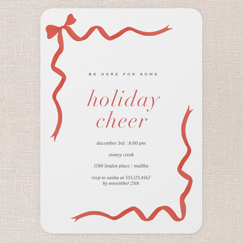 Bow Border Holiday Invitation, White, 5x7 Flat, Holiday, Pearl Shimmer Cardstock, Rounded